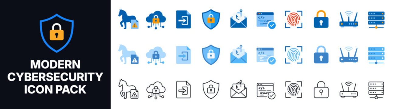 Modern Cybersecurity Icon Pack with Cloud Security, Secure Login, Shield Protection, Email Encryption, Fingerprint Authentication, Padlock, WiFi Router, Server and Data Security Symbols