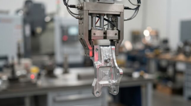 robot gripper lifting machined aluminum bracket with bolt holes and brushed metal texture in industrial automation