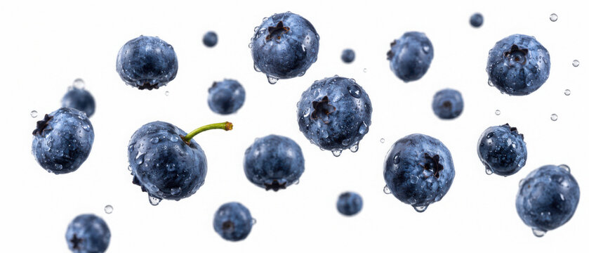 Falling blueberries with water drops isolated on transparent background