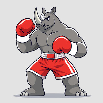 Powerful Rhinoceros Boxer Cartoon Character Wearing Red Boxing Gloves