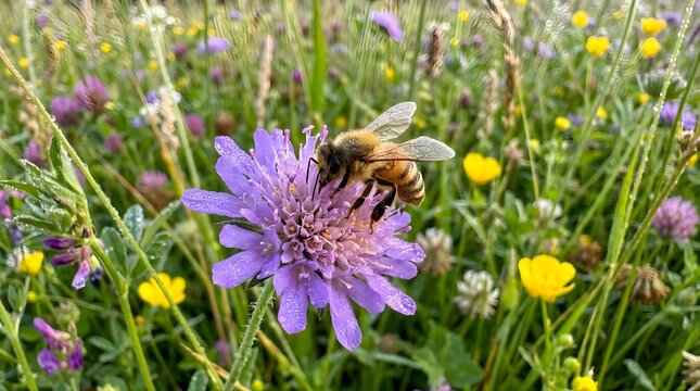 Honey bee collecting nectar on a purple flower in a summer meadow