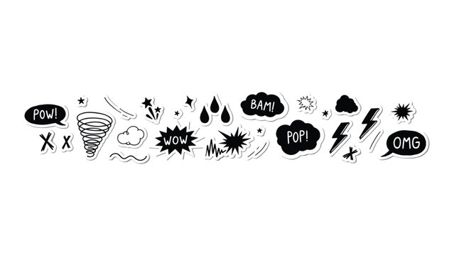 A set of handdrawn comic style doodle stickers featuring speech bubbles explosive bursts lightning bolts weather elements and various expressive symbols