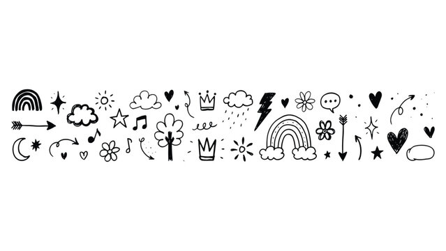 A wide collection of cute handdrawn doodle elements featuring rainbows stars clouds hearts arrows crowns and music notes on white background