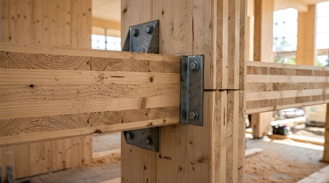Metal bracket connecting laminated timber beams on a modern construction site