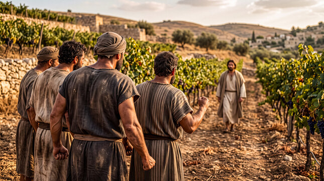 Group of angry vineyard workers staring toward the approaching son of the landowner entering the vineyard.