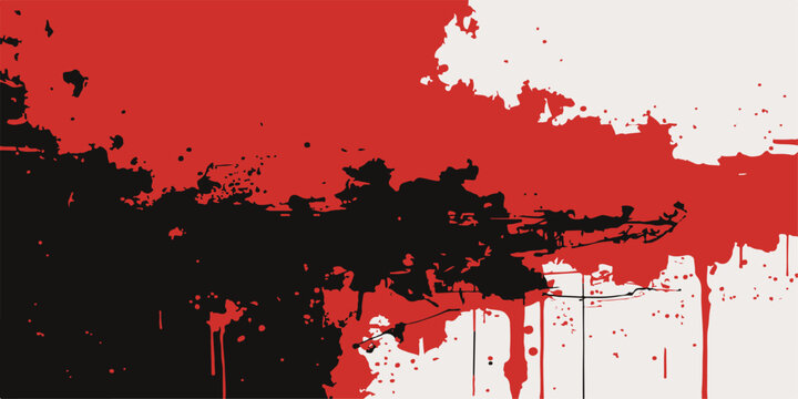 Crimson and Onyx Splatter Abstract A stark, graphic depiction of crimson and onyx paint splatters on a textured, off-white background, creating a dramatic and abstract composition.
