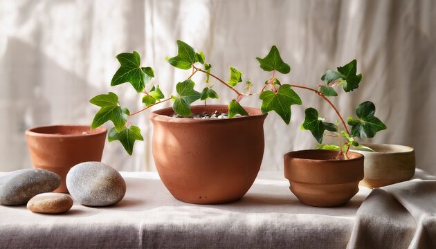 cissus quadrangularis vines planted in terracotta pots arranged on a linen tablecloth with decorative garden stones for a minimalist botanical display