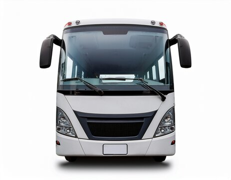 front view of a white bus with large windshield and side mirrors on a white background in a studio shot