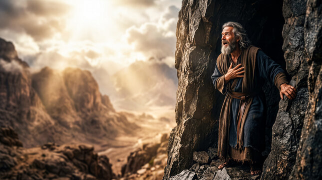 Moses standing in the cleft of a rocky mountain, looking in astonishment and awe as he beholds the passing glory of God.