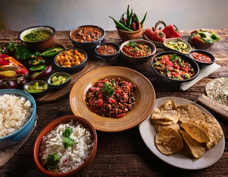 a rustic wooden table spread featuring various authentic southwestern food styling plates with grilled vegetables fresh pico de gallo beans and rice