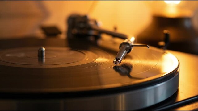 Vintage vinyl record spinning on a turntable with warm lighting.