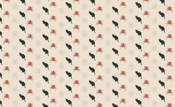 Cute Halloween Seamless Pattern with Black Cat, Spider and Spider Web in Cozy Autumn Colors