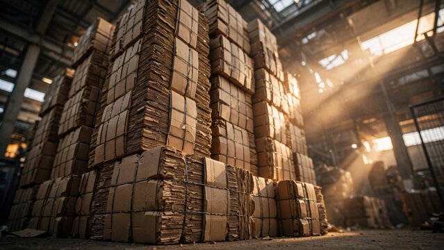 Sunlight streams through warehouse rafters illuminating towering stacks of compressed cardboard bales