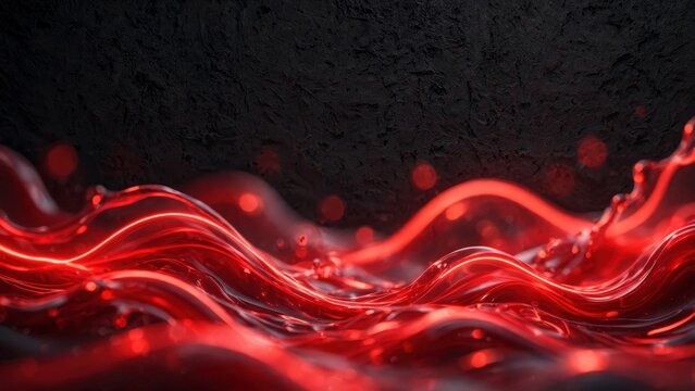 Fiery liquid waves, glowing red, with dark textured background and soft bokeh lights