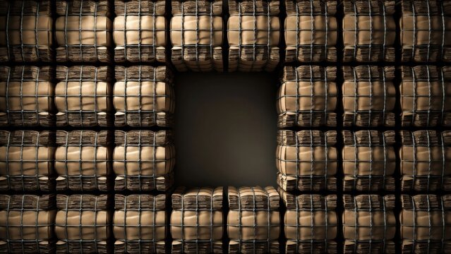 A grid of tan sandbags, secured by metal mesh, forms a wall with a central dark square opening