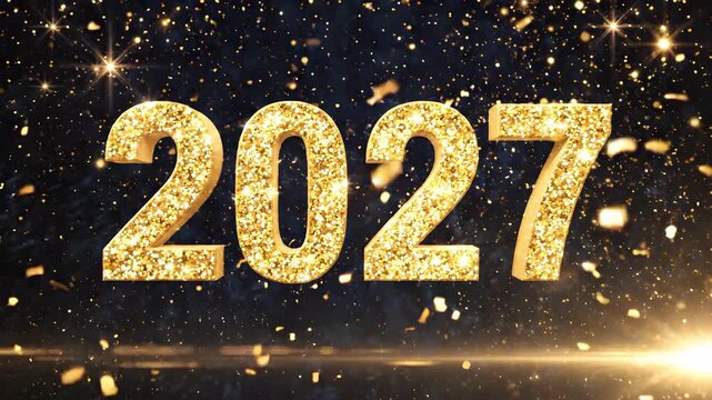 2027 golden text revealed by a swirling light ring with shiny gold confetti pieces floating down on a dark background
