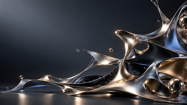 Abstract liquid metal splash, futuristic chrome fluid wave with gold reflections, elegant metallic background for luxury branding