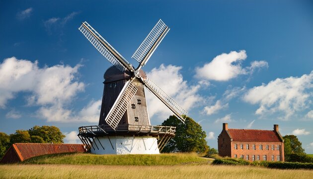 dybbol mill with the christian ix bust on the dybbol banke near sonderborg denmark beneath a summer sky