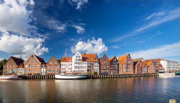 historic gabled houses and restored facades at the harbor of husum beneath a blue summer sky with white clouds