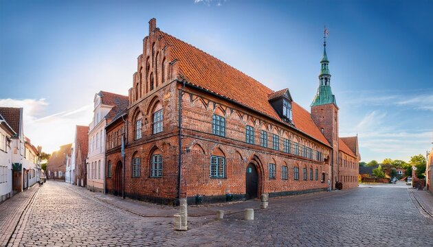 ribe denmark old town hall with its historic brick facade along a quiet cobblestone street in the medieval old town