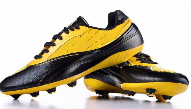 stylish yellow and black soccer shoes on white background