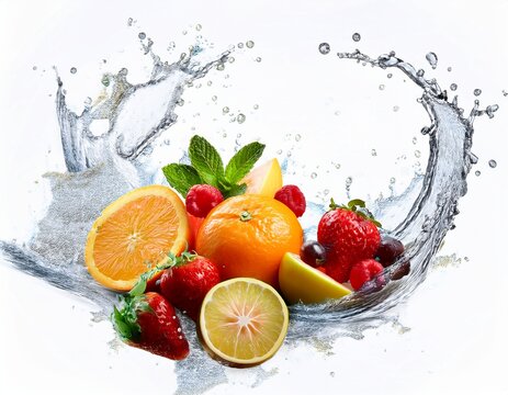 fresh fruits with water splash isolated on white background