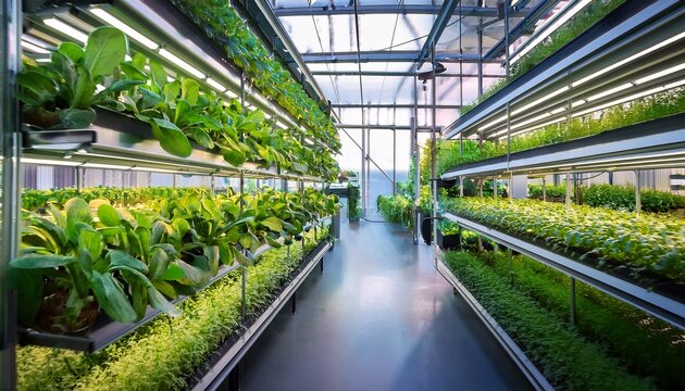 lush vertical garden with fresh greenery in modern indoor hydroponic farm