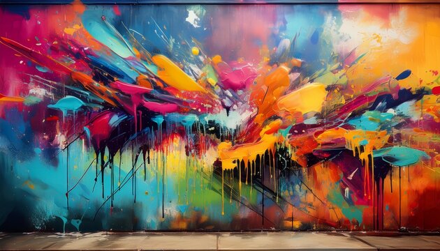 colorful graffiti style painting on old wall the painting is full of bright colors and splashes of paint giving it a lively and energetic impression