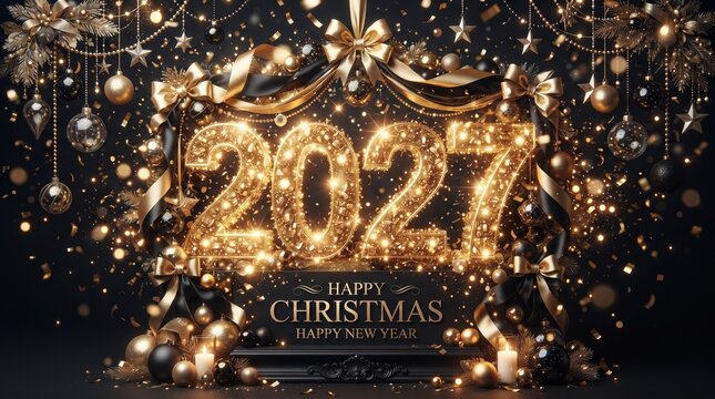 Golden 2027 Christmas and New Year Celebration Background
Luxury Happy Christmas and Happy New Year 2027 Greeting Design
Elegant Golden 2027 Holiday Celebration with Sparkling Decorations
Festive Chri