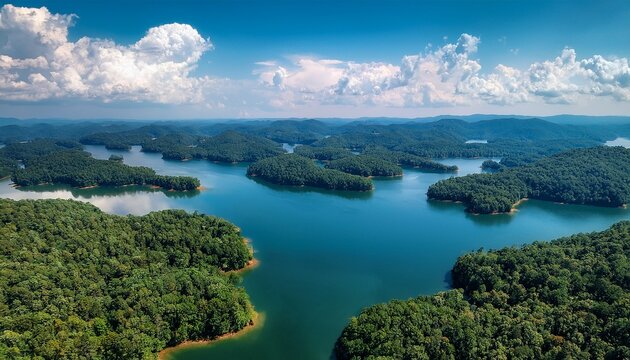 aerial cinematic view of lake oconee and lake sinclair in summer georgia n editorial drone landscape
