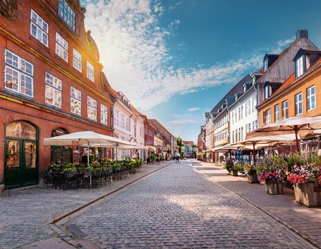pedestrian shopping street with stores and summer atmosphere in the center of sonderborg denmark