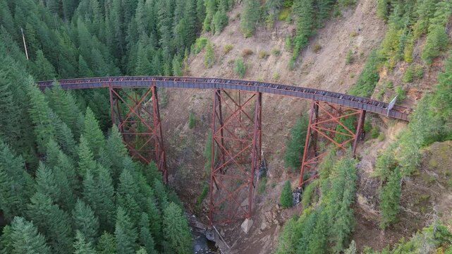 Majestic Aerial View of the Historic Railway Trestle Bridge Over a Lush Canyon in British Columbia, Canada