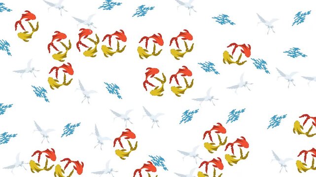Seamless Japanese pattern with koi fish, cranes and waves on white background