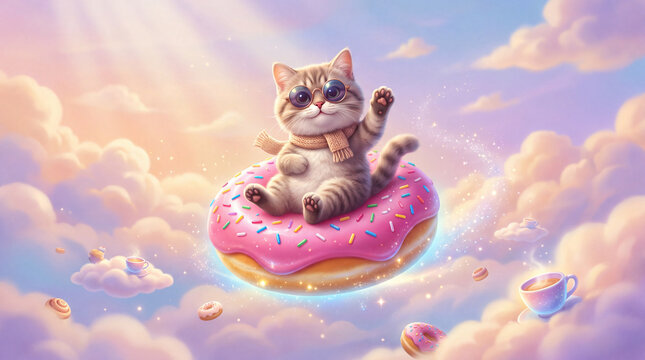 Cat wearing sunglasses sits on a giant pink donut floating through pastel clouds.