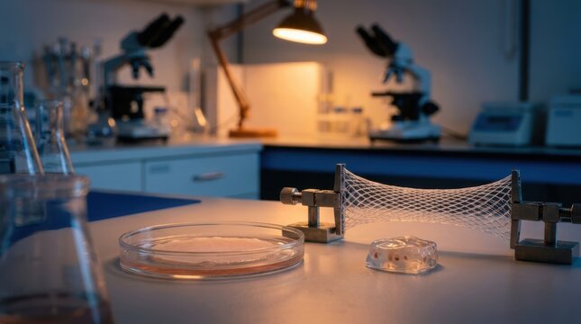 Biomechanics research setup with collagen mesh, cell laden hydrogel, micro tensile clamps and cultured membrane