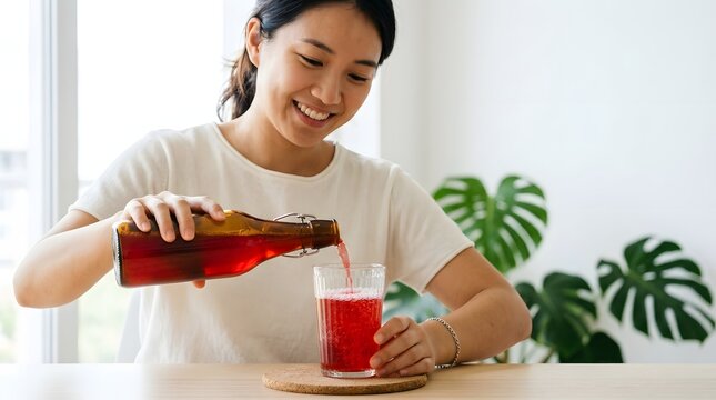 Smiling woman pouring red fermented drink from glass bottle into clear tumbler