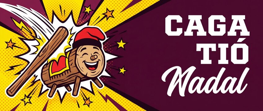 Caga Tio Nadal Catalan Christmas Log Graphic Banner in Retro Pop Art Comic Style with Wooden Stick and Halftone Background Illustration for Holiday Greeting Cards and Catalan Festive Tradition Decor!!