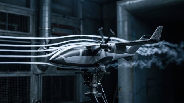 Wind tunnel eVTOL model with smoke streamlines, tilt rotor nacelles and carbon winglets for aerospace testing and aerodynamic research.