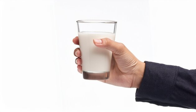 hand holding a glass of milk isolated on white background