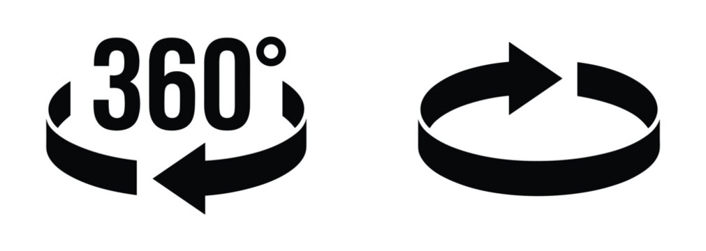 360 Degree Rotation Icon Set: A set of two black icons, one displaying 360&deg; with circular arrows indicating rotation, and another simplified circular arrow symbol.