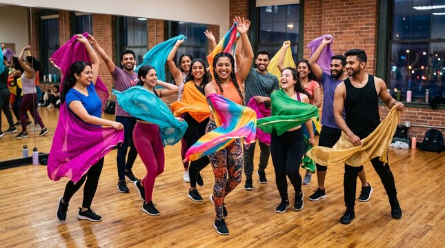 Diverse group of people joyfully dancing with colorful flowing scarves in a studio