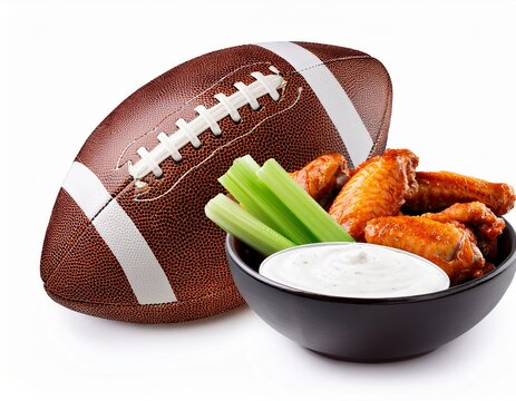 spicy buffalo chicken wings with celery and ranch dip next to a football isolated on white background