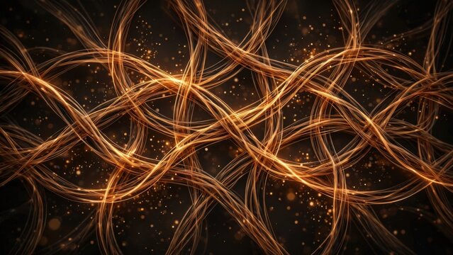 Intertwined glowing golden threads create a mesmerizing, ethereal, and energetic abstract design