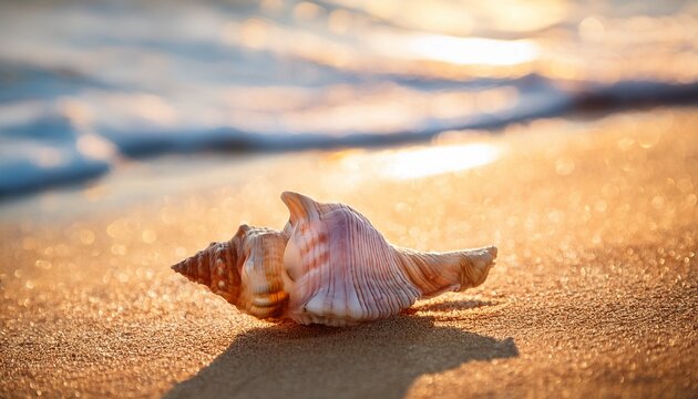 conch shell on tropical beach sand with shimmering waves and sunlight