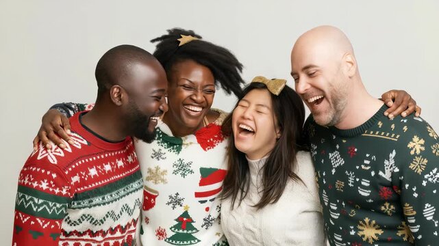 A group of four diverse friends, dressed in festive holiday sweaters, are laughing together in a cheerful setting. Their shared joy creates a sense of warmth and camaraderie.