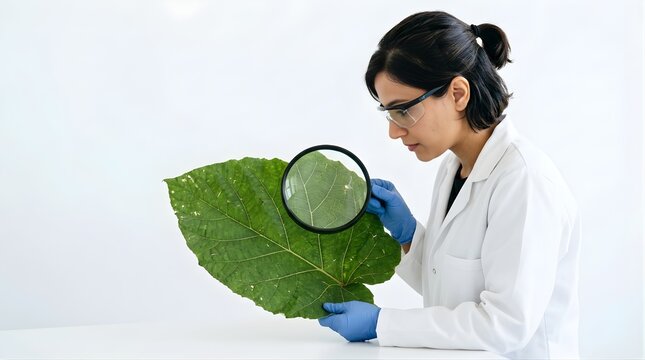 Scientist examining large green leaf with magnifying glass in laboratory
