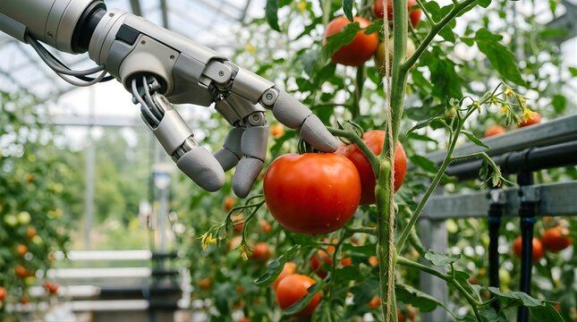 Robotic hand picking a fresh tomato in a greenhouse smart farm