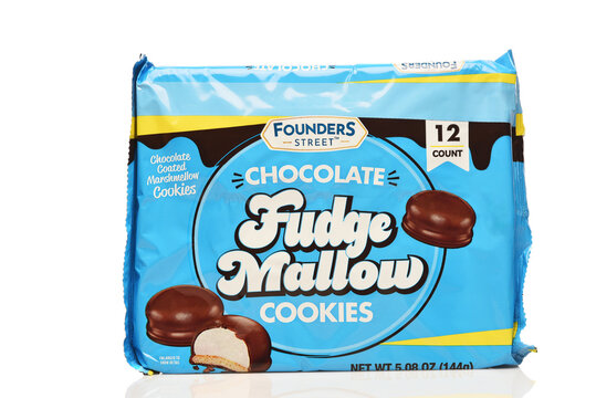 IRVINE, CALIFORNIA - 9 SEPT 2026: A package of Founders Street Chocolate Fudge Mallow Cookies.