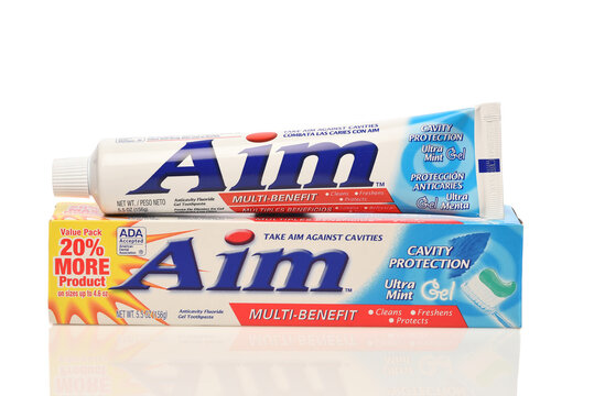 IRVINE, CALIFORNIA - 9 SEPT 2026: A Tube of Aim Anticavity Fluoride Gel Toothpaste.