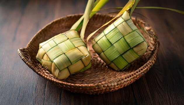 two traditional ketupat rice cakes partially unwrapped revealing soft cooked grain core